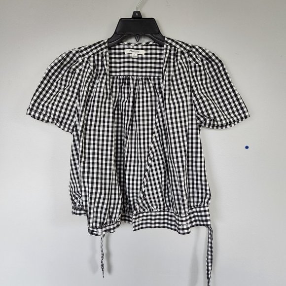 Madewell | Black and White Gingham Short Sleeve Wrap Top with Tie Waist, Size S - Picture 4 of 11